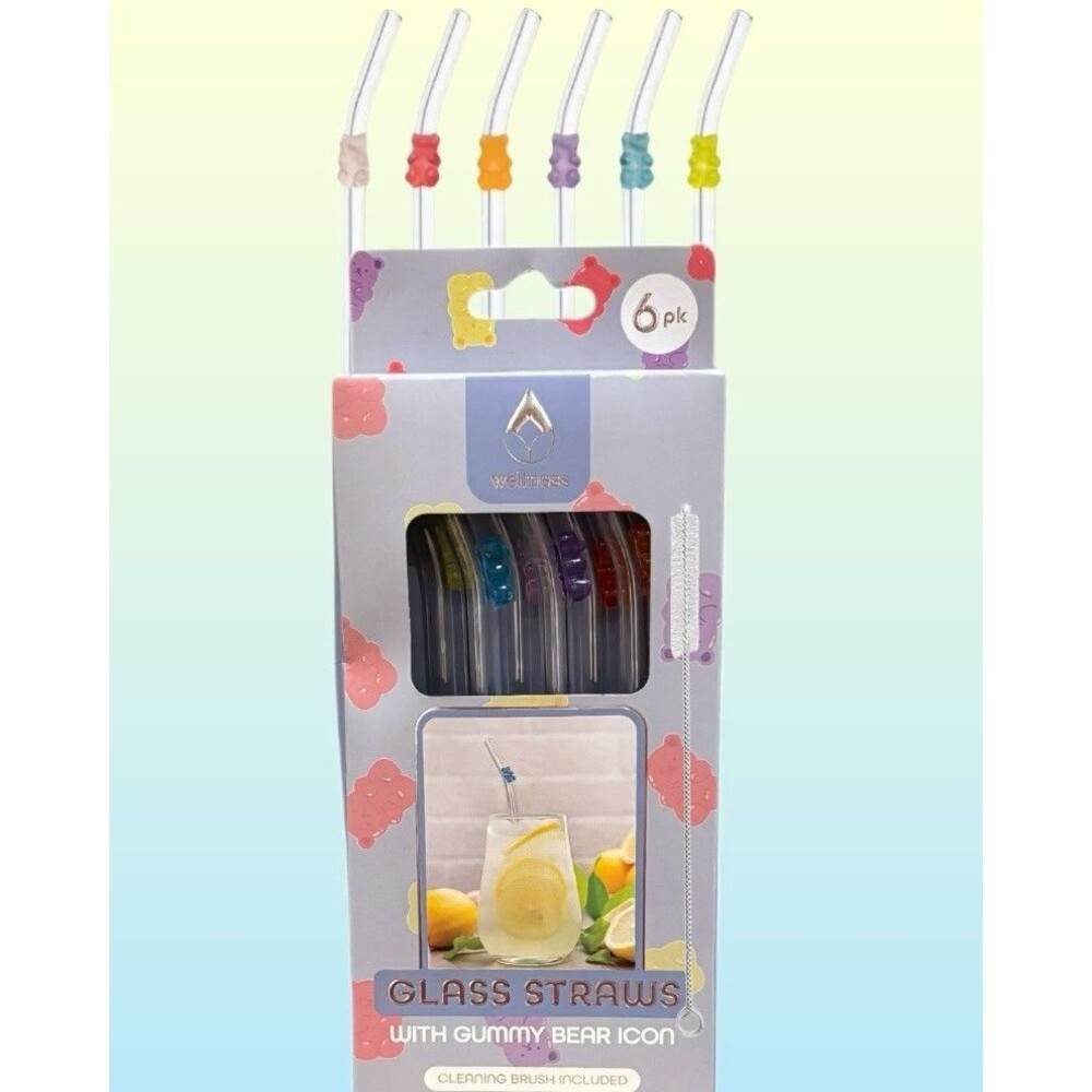NEW! Six Glass Gummy Bear Icon Drinking Straws Multicolor Rainbow Reusable Brush